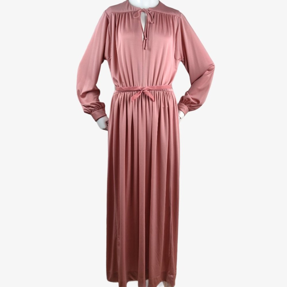 Vintage 1970s Rose Pink Slinky Maxi Dress Hostess Gown Grecian Drape Gathered M